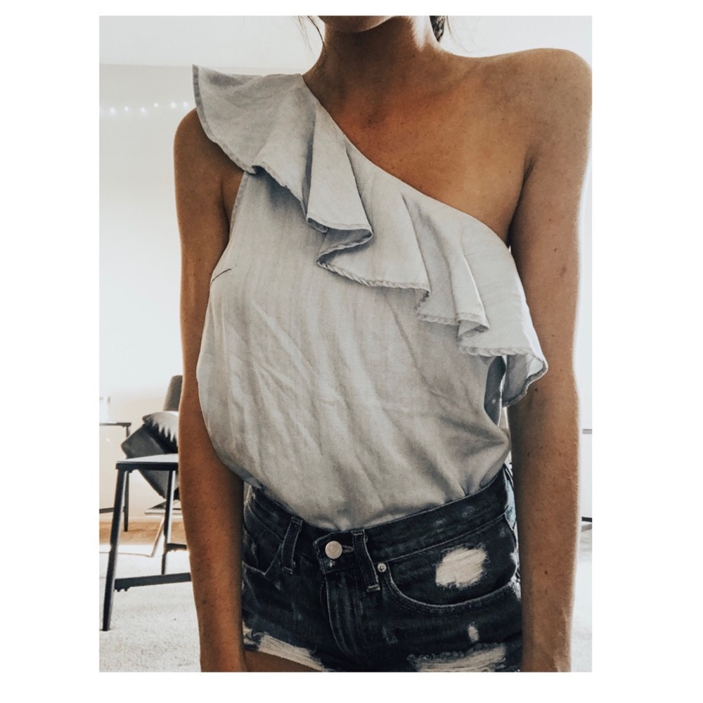 One shoulder light blue jean tank